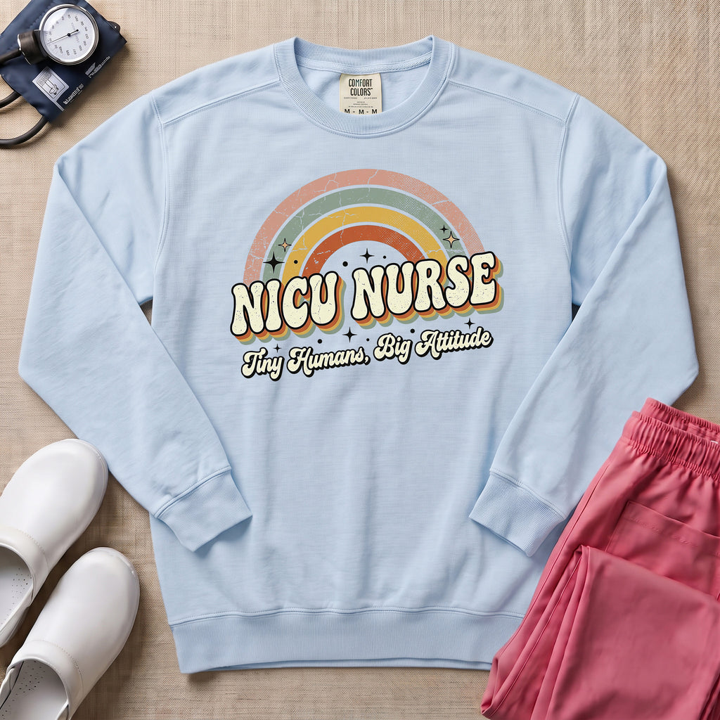 Retro Rainbow NICU Nurse Tiny Humans Sweatshirt - Chambray Comfort Colors Sweatshirt | HugTee