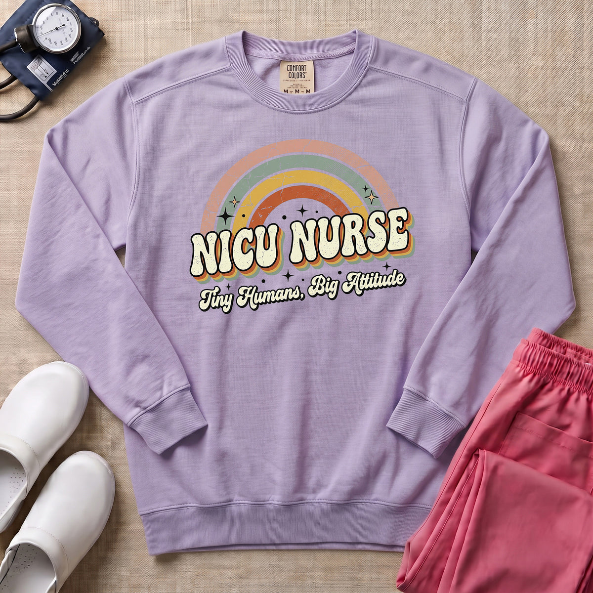 Retro Rainbow NICU Nurse Tiny Humans Sweatshirt - Orchid Comfort Colors Sweatshirt | HugTee