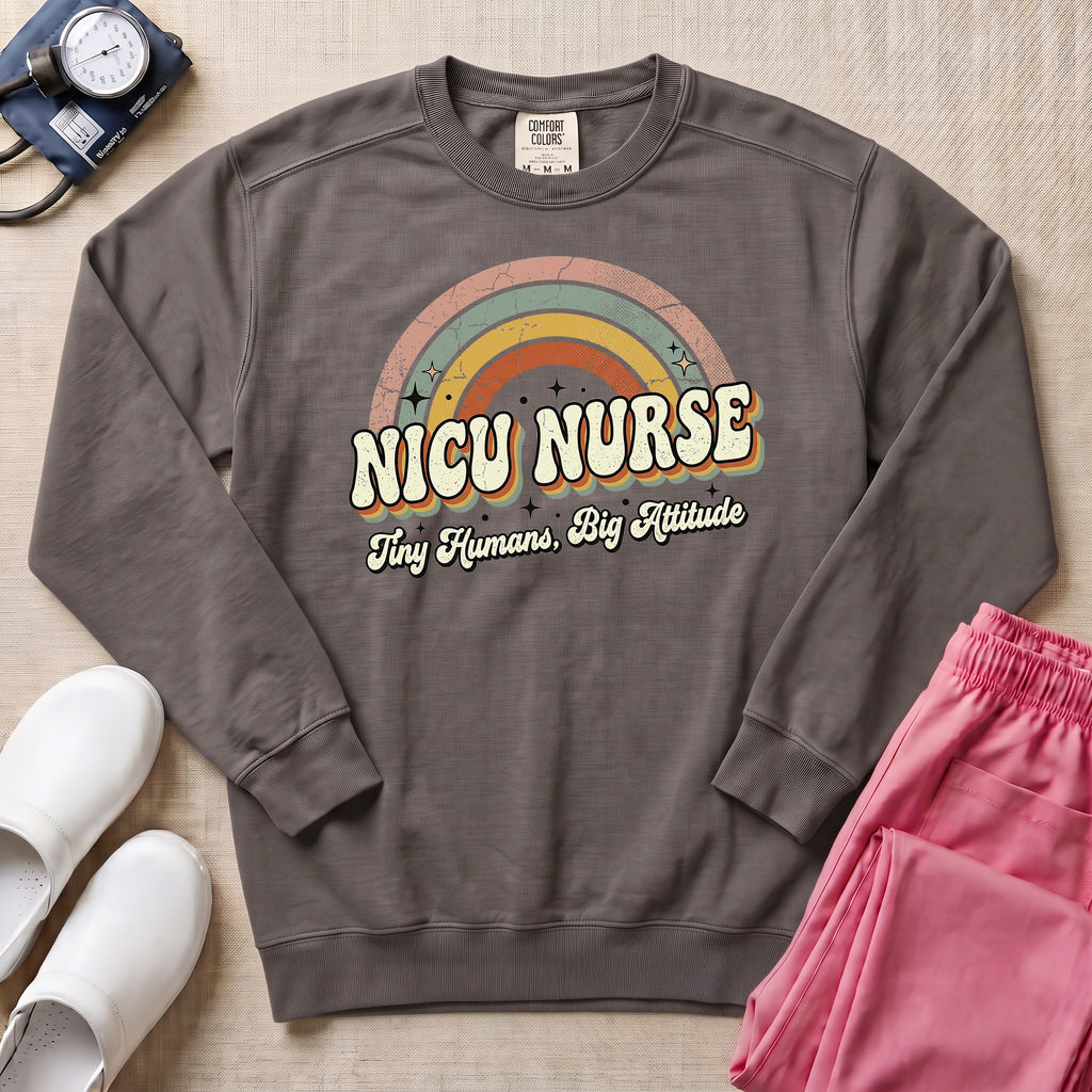 Retro Rainbow NICU Nurse Tiny Humans Sweatshirt - Pepper Lifestyle Hero Mockup | HugTee