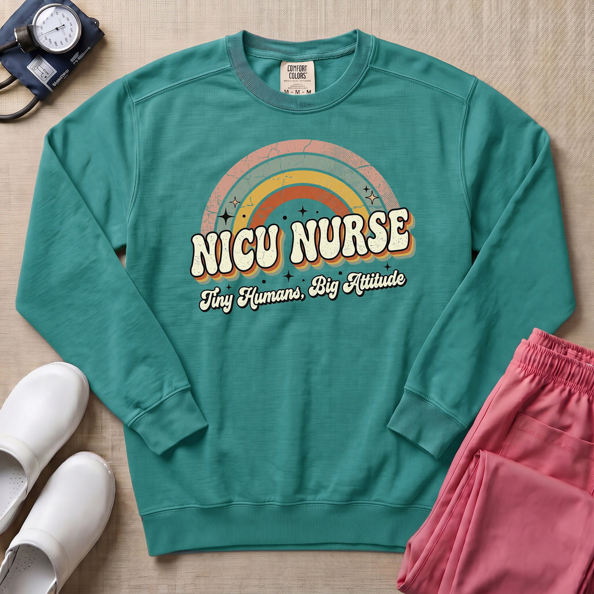 Retro Rainbow NICU Nurse Tiny Humans Sweatshirt - Seafoam Comfort Colors Sweatshirt | HugTee