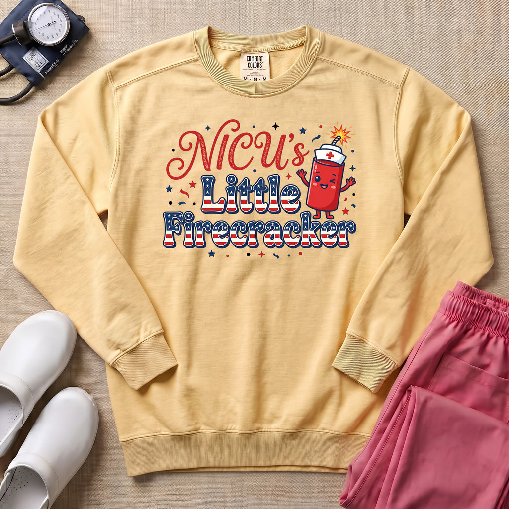 NICU's Little Firecracker 4th of July Nurse Sweatshirt - Butter Comfort Colors Sweatshirt | HugTee