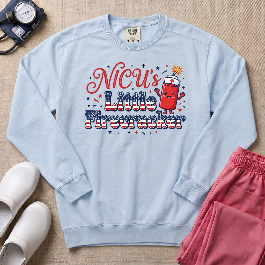 NICU's Little Firecracker 4th of July Nurse Sweatshirt - Chambray Comfort Colors Sweatshirt | HugTee