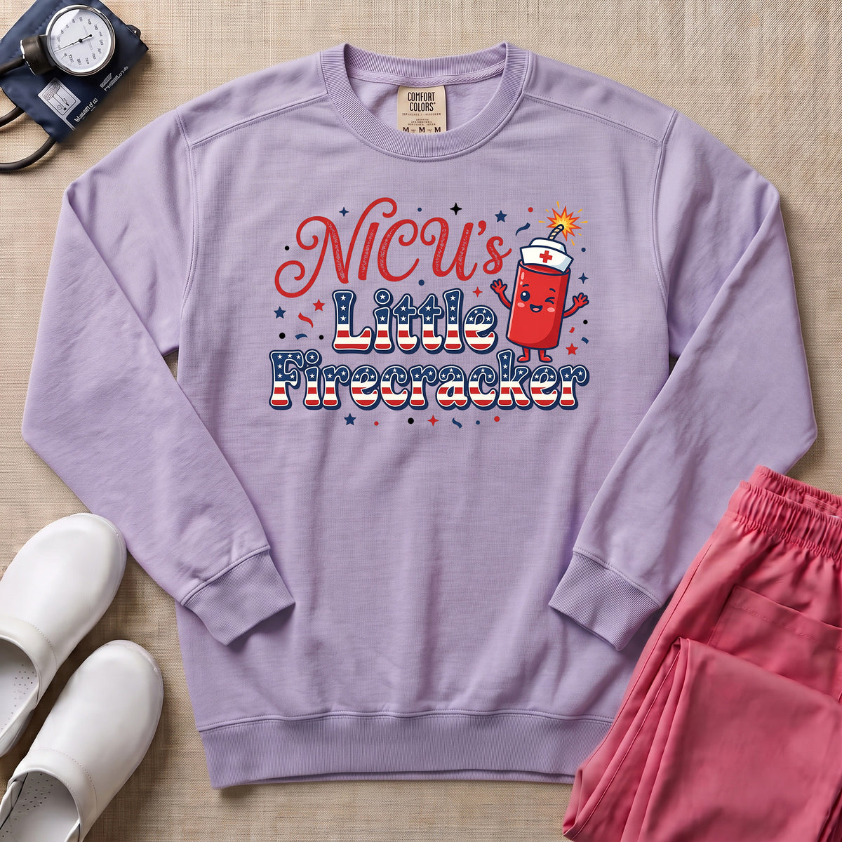 NICU's Little Firecracker 4th of July Nurse Sweatshirt - Orchid Comfort Colors Sweatshirt | HugTee