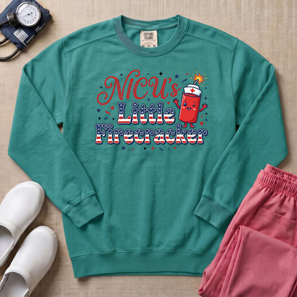 NICU's Little Firecracker 4th of July Nurse Sweatshirt - Seafoam Comfort Colors Sweatshirt | HugTee