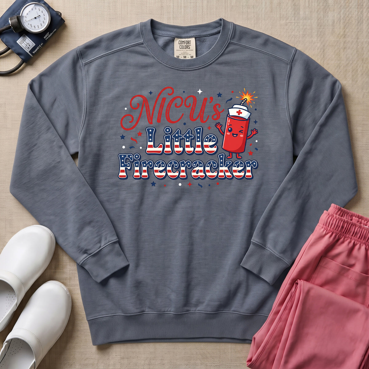 NICU's Little Firecracker 4th of July Nurse Sweatshirt - Blue Jean Comfort Colors Sweatshirt | HugTee