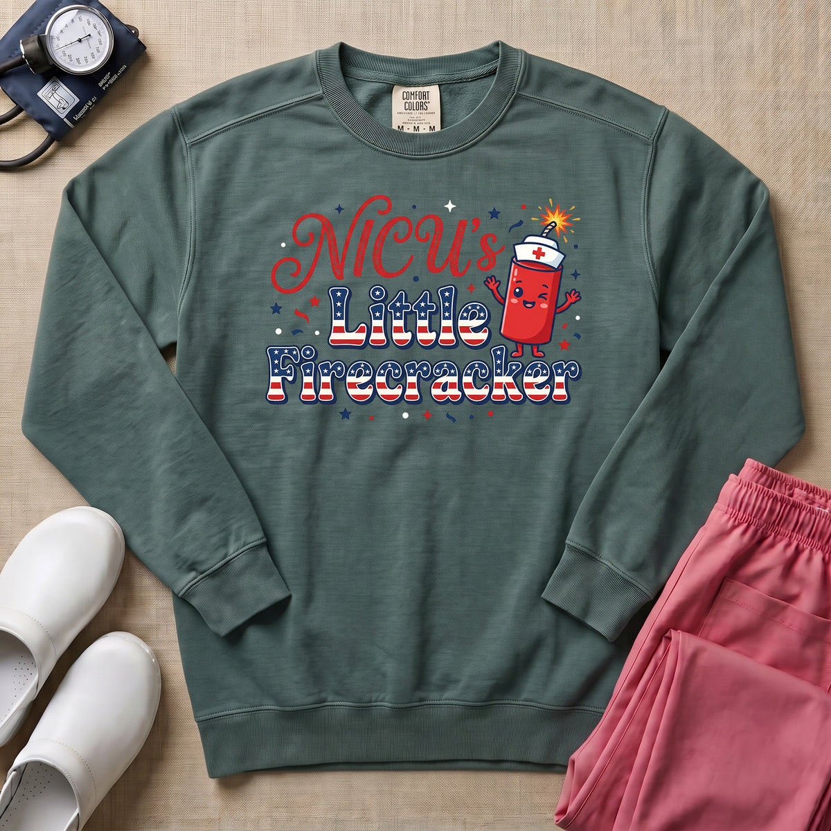 NICU's Little Firecracker 4th of July Nurse Sweatshirt - Blue Spruce Comfort Colors Sweatshirt | HugTee