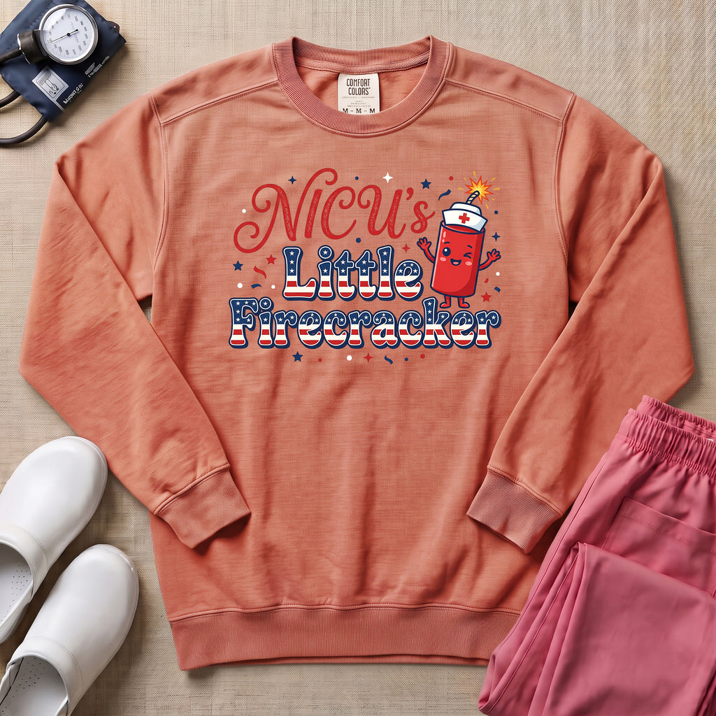NICU's Little Firecracker 4th of July Nurse Sweatshirt - Terracotta Comfort Colors Sweatshirt | HugTee