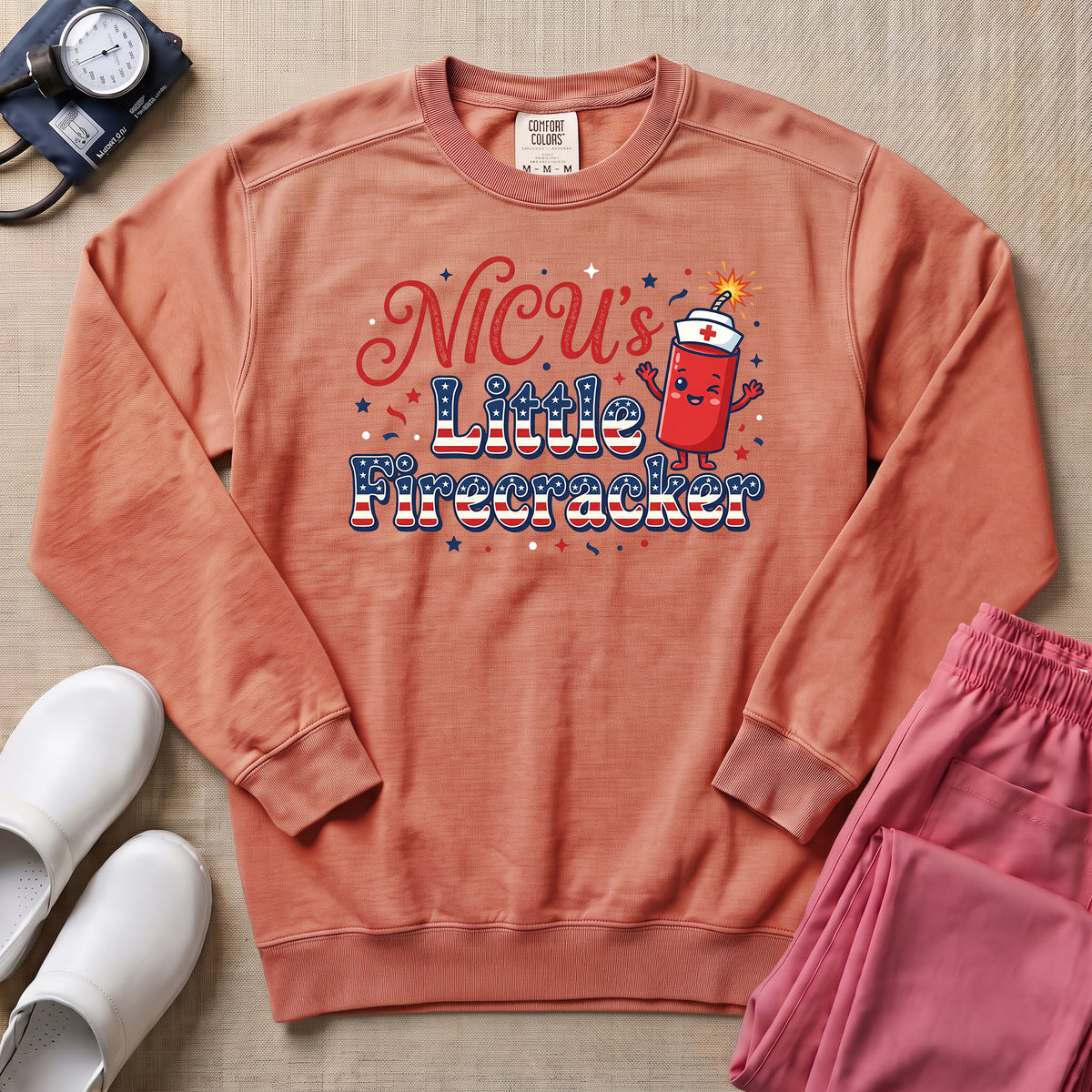NICU's Little Firecracker 4th of July Nurse Sweatshirt - Terracotta Comfort Colors Sweatshirt | HugTee