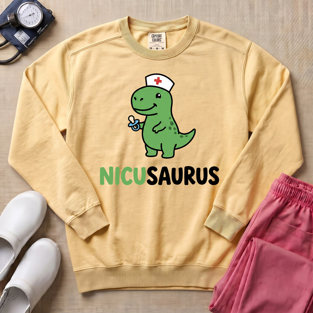 Funny NICUSAURUS Dinosaur Nurse Cute NICU Sweatshirt - Butter Comfort Colors Sweatshirt | HugTee