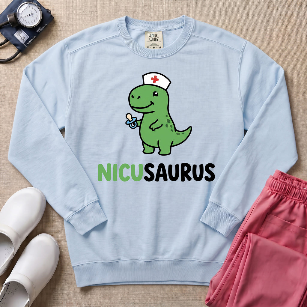 Funny NICUSAURUS Dinosaur Nurse Cute NICU Sweatshirt - Chambray Comfort Colors Sweatshirt | HugTee
