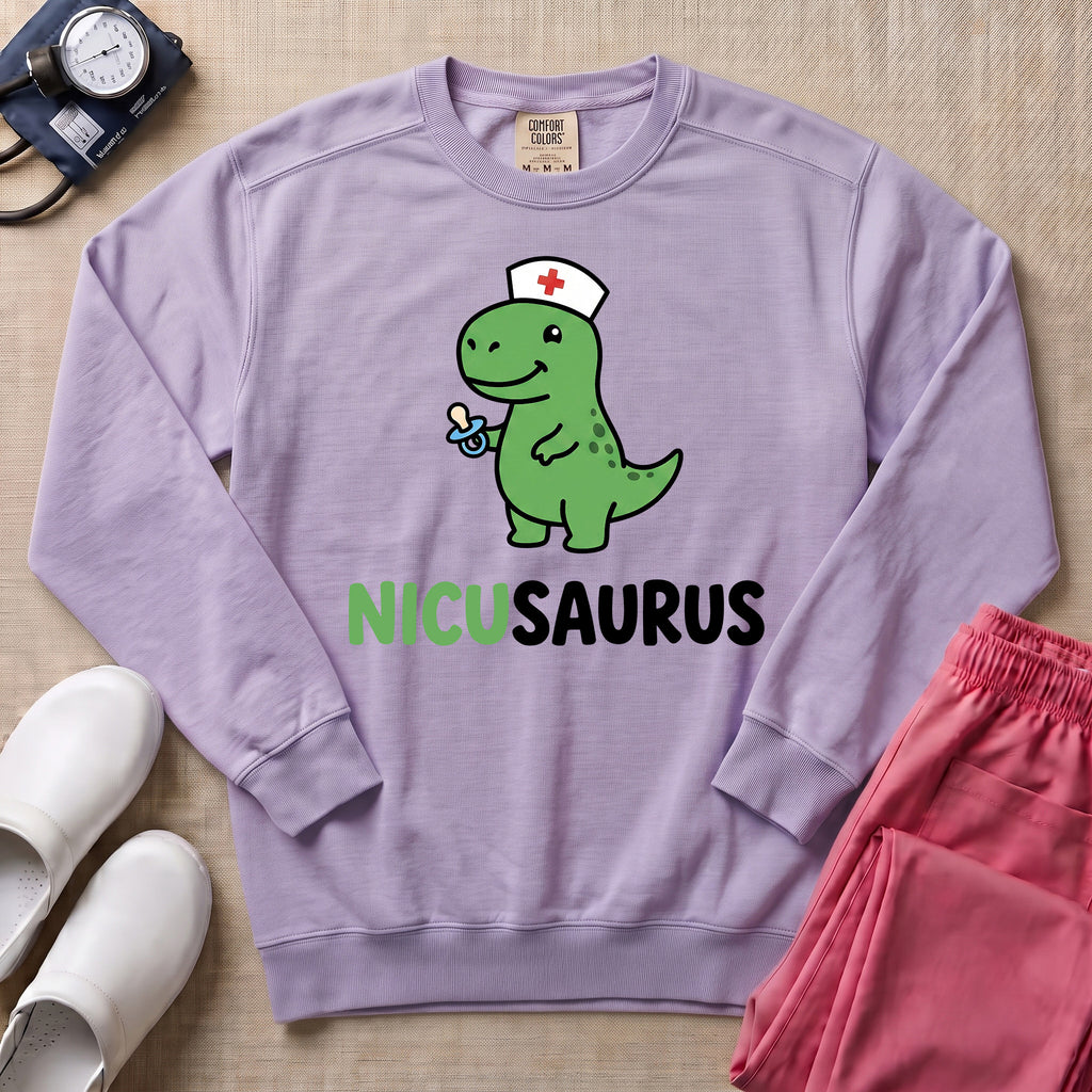 Funny NICUSAURUS Dinosaur Nurse Cute NICU Sweatshirt - Orchid Comfort Colors Sweatshirt | HugTee