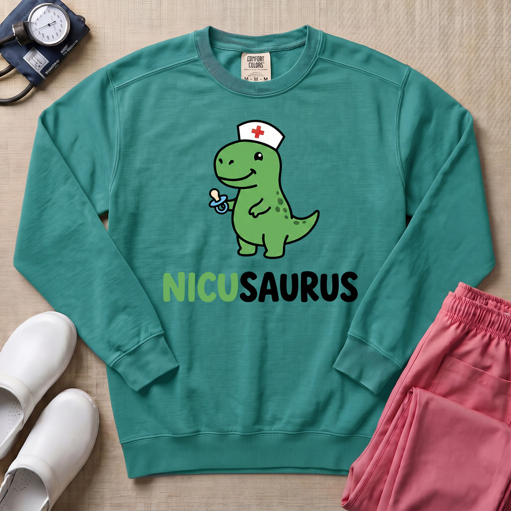 Funny NICUSAURUS Dinosaur Nurse Cute NICU Sweatshirt - Seafoam Comfort Colors Sweatshirt | HugTee