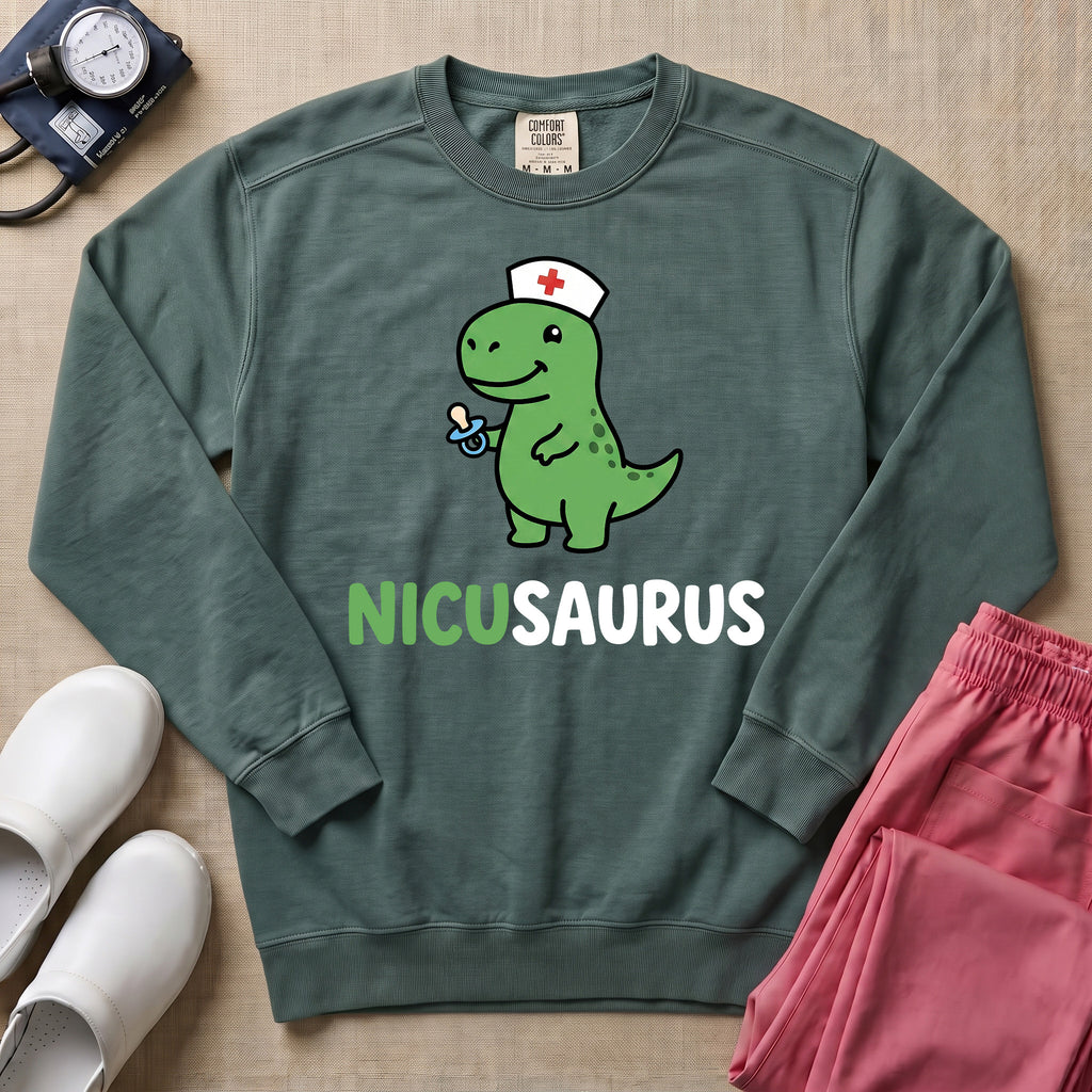 Funny NICUSAURUS Dinosaur Nurse Cute NICU Sweatshirt - Blue Spruce Comfort Colors Sweatshirt | HugTee
