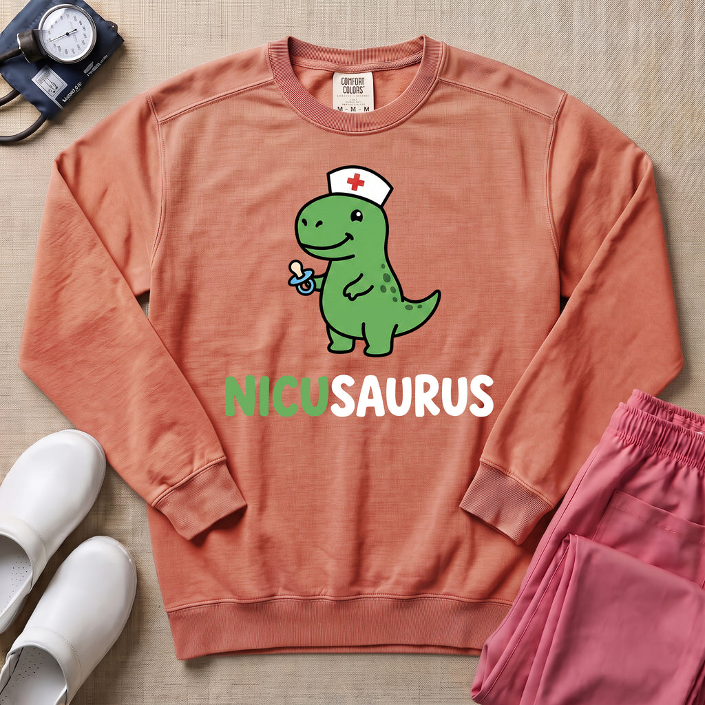 Funny NICUSAURUS Dinosaur Nurse Cute NICU Sweatshirt - Terracotta Comfort Colors Sweatshirt | HugTee