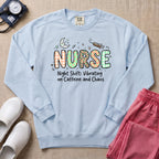 Nurse Night Shift Vibrating on Caffeine and Chaos Sweatshirt - Chambray Comfort Colors Sweatshirt | HugTee