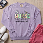 Nurse Night Shift Vibrating on Caffeine and Chaos Sweatshirt - Orchid Comfort Colors Sweatshirt | HugTee