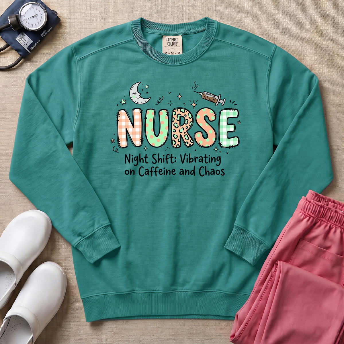 Nurse Night Shift Vibrating on Caffeine and Chaos Sweatshirt - Seafoam Comfort Colors Sweatshirt | HugTee