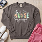 Nurse Night Shift Vibrating on Caffeine and Chaos Sweatshirt - Pepper Lifestyle Hero Mockup | HugTee