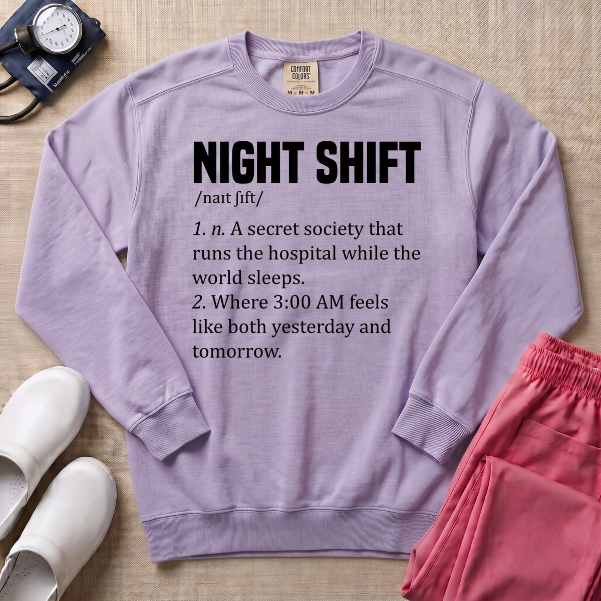 Funny Night Shift Nurse Definition Sweatshirt - Orchid Comfort Colors Sweatshirt | HugTee