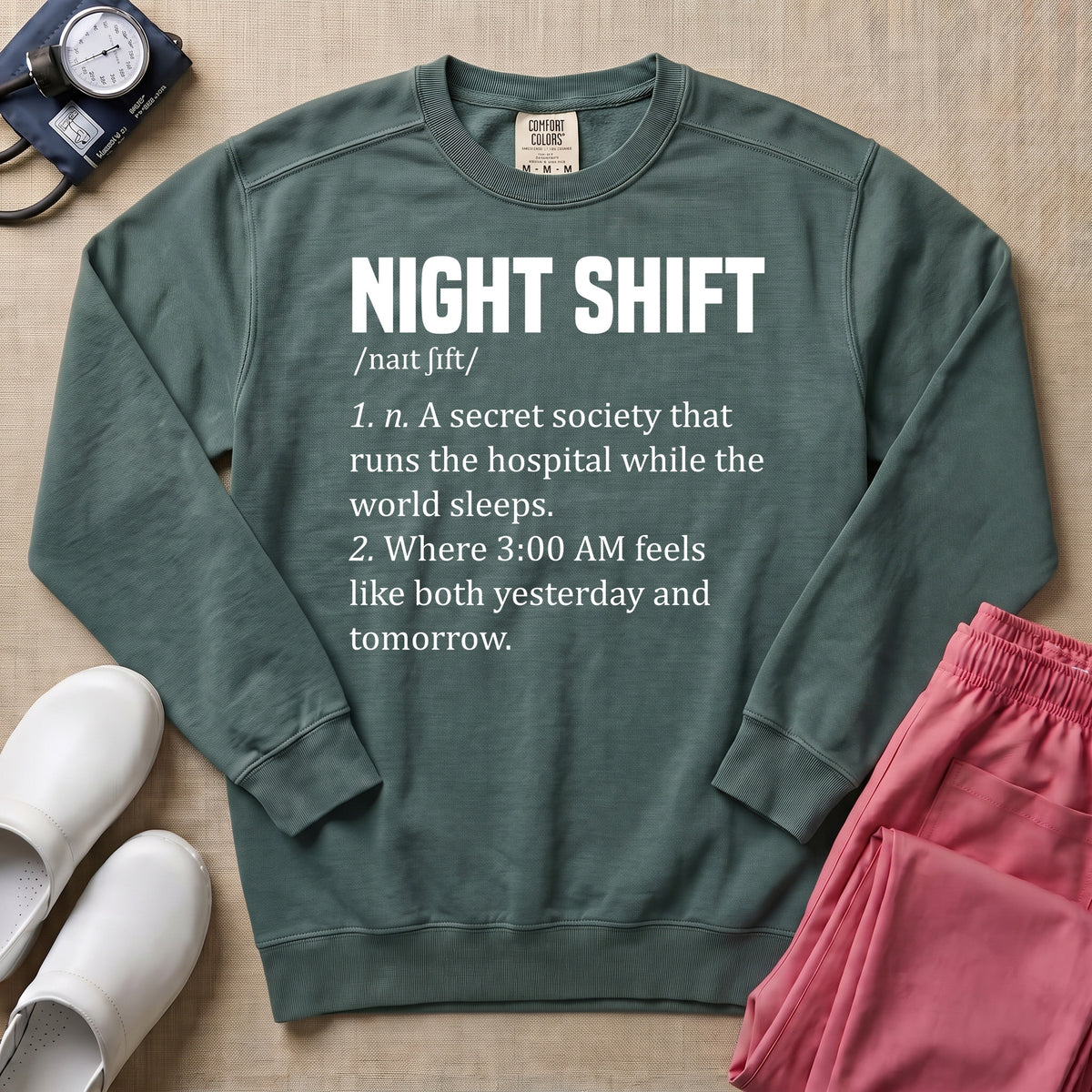 Funny Night Shift Nurse Definition Sweatshirt - Blue Spruce Comfort Colors Sweatshirt | HugTee