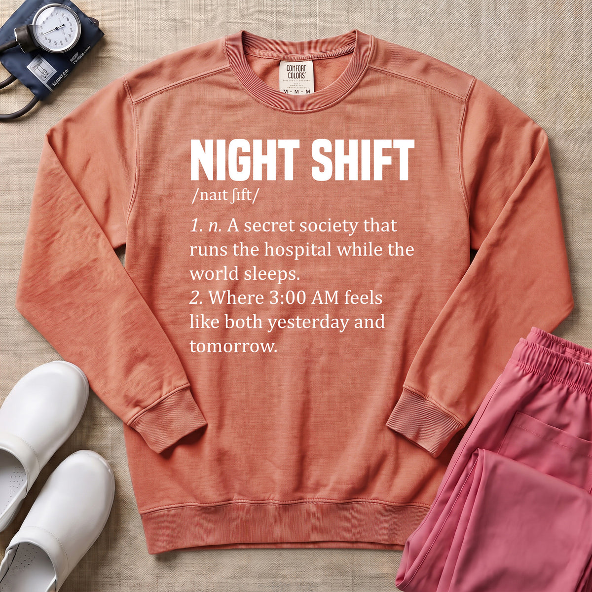 Funny Night Shift Nurse Definition Sweatshirt - Terracotta Comfort Colors Sweatshirt | HugTee