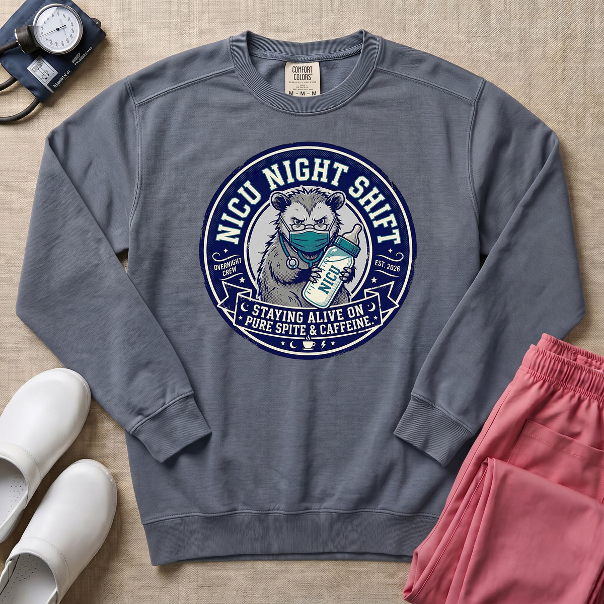 Funny NICU Night Shift Raccoon Sweatshirt - Blue Jean Comfort Colors Sweatshirt | HugTee