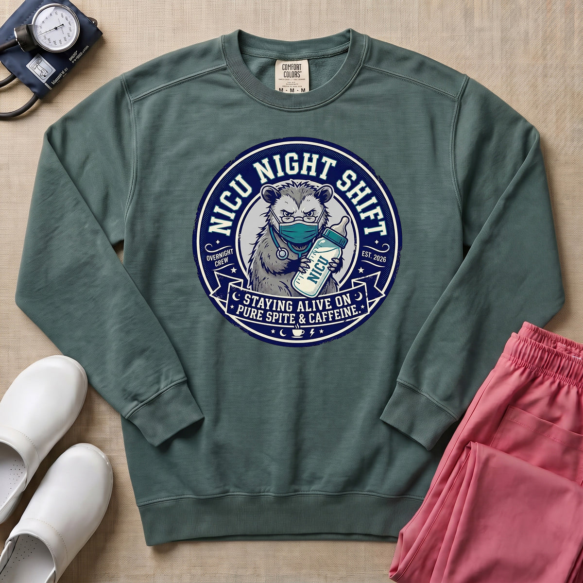 Funny NICU Night Shift Raccoon Sweatshirt - Blue Spruce Comfort Colors Sweatshirt | HugTee