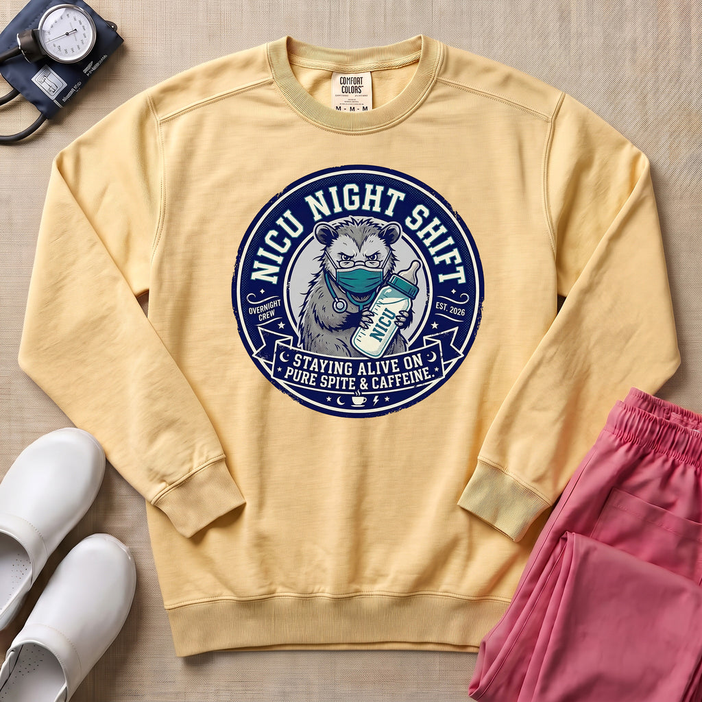 Funny NICU Night Shift Raccoon Sweatshirt - Butter Comfort Colors Sweatshirt | HugTee