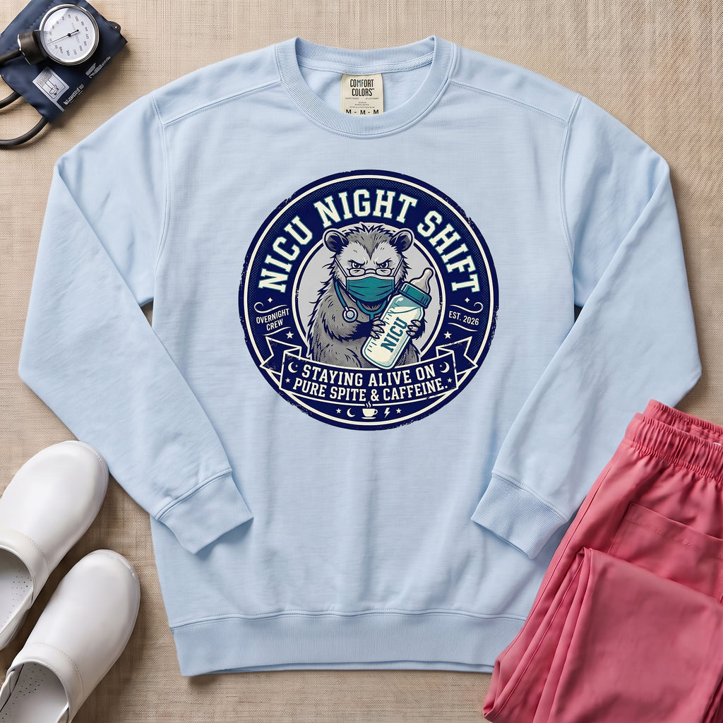 Funny NICU Night Shift Raccoon Sweatshirt - Chambray Comfort Colors Sweatshirt | HugTee