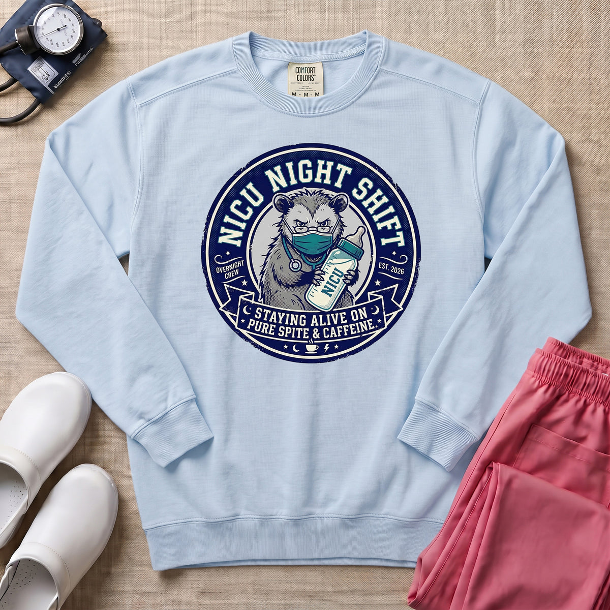 Funny NICU Night Shift Raccoon Sweatshirt - Chambray Comfort Colors Sweatshirt | HugTee