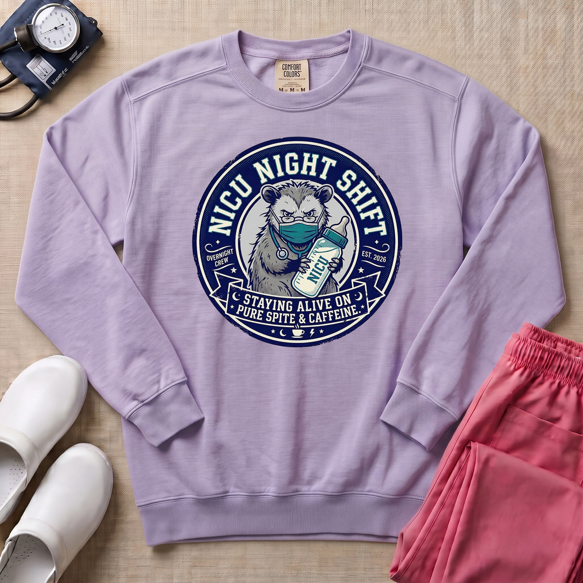Funny NICU Night Shift Raccoon Sweatshirt - Orchid Comfort Colors Sweatshirt | HugTee