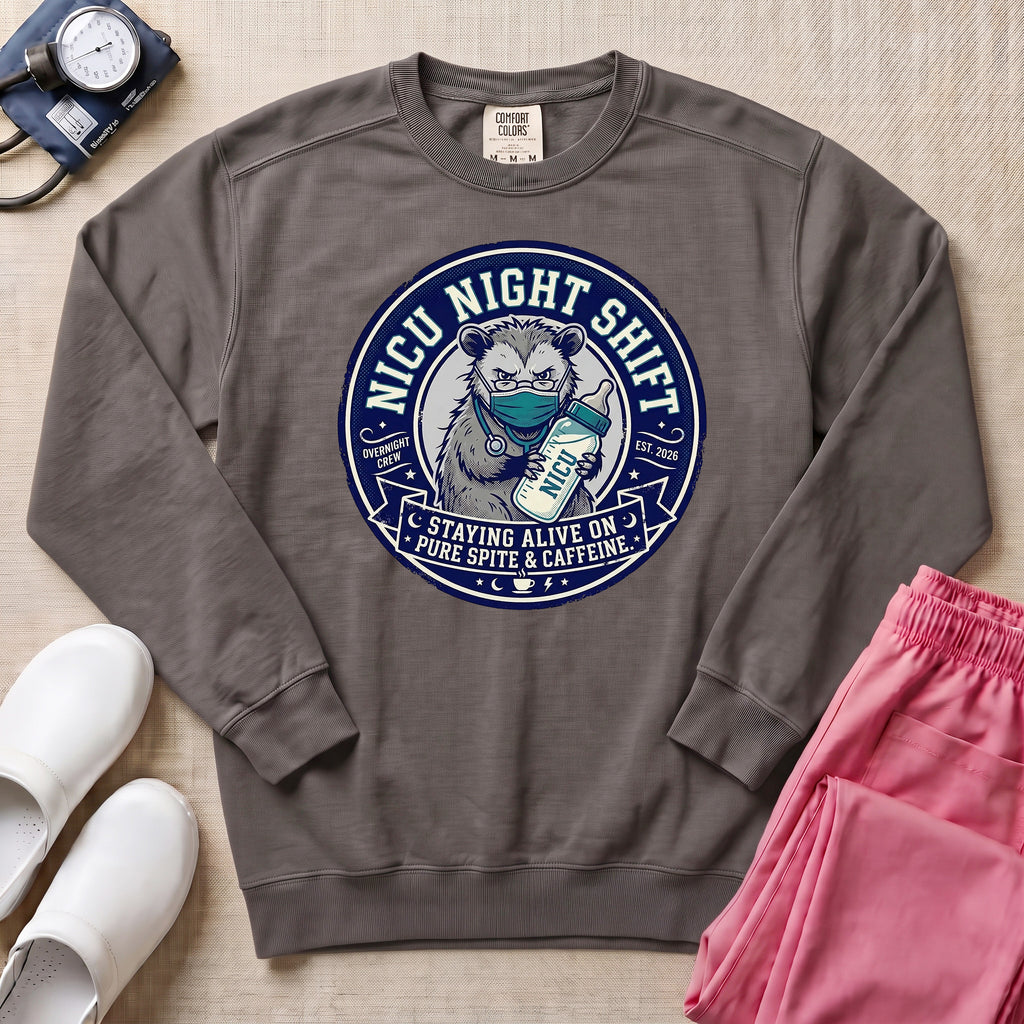Funny NICU Night Shift Raccoon Sweatshirt - Pepper Lifestyle Hero Mockup | HugTee