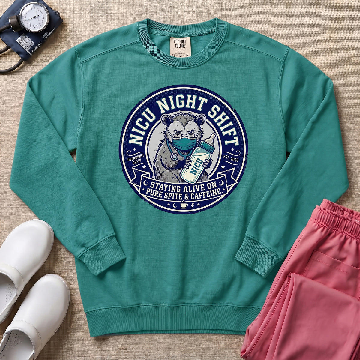 Funny NICU Night Shift Raccoon Sweatshirt - Seafoam Comfort Colors Sweatshirt | HugTee