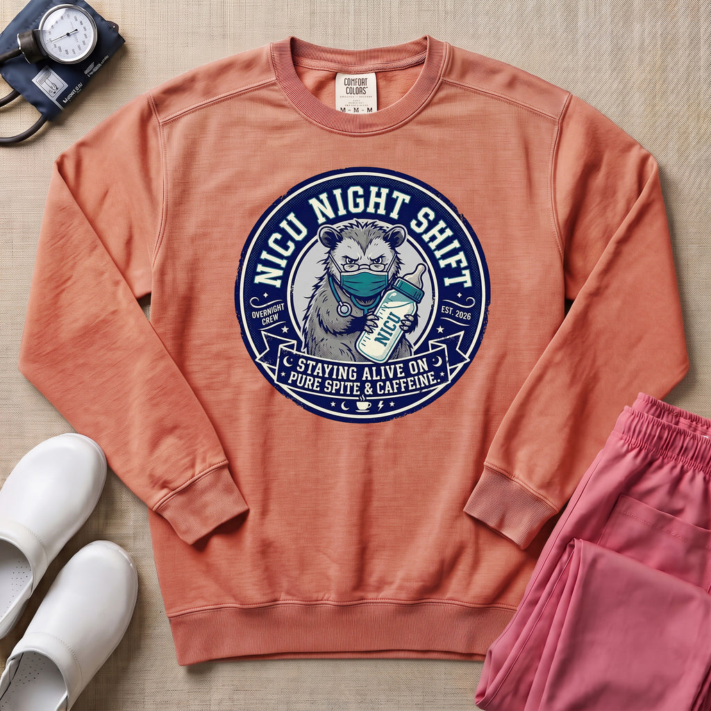 Funny NICU Night Shift Raccoon Sweatshirt - Terracotta Comfort Colors Sweatshirt | HugTee