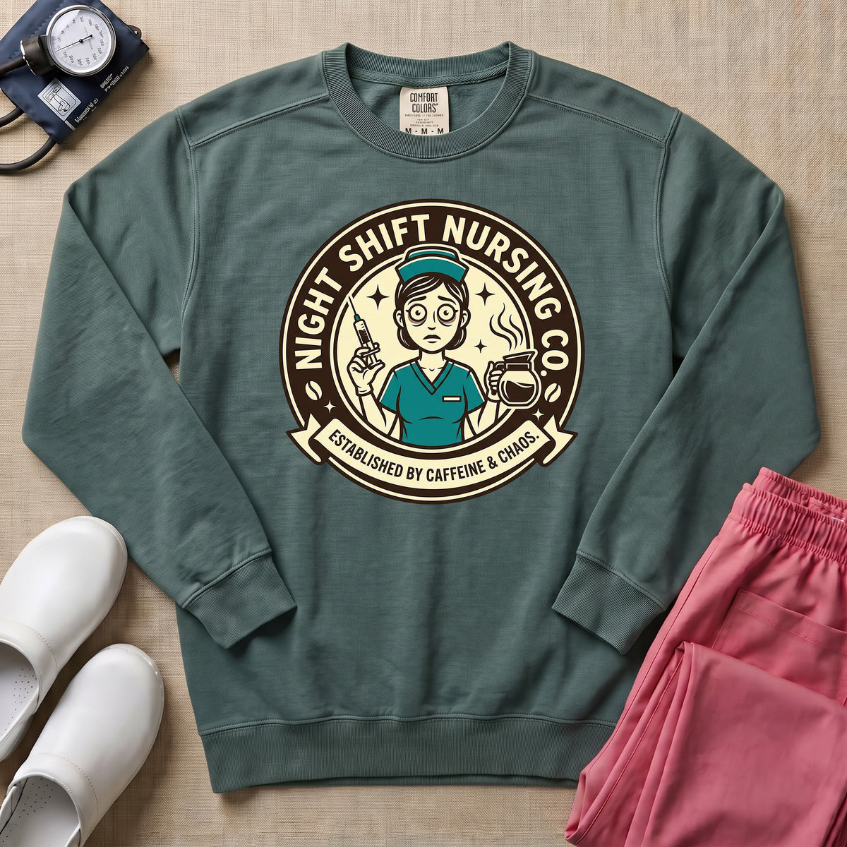 Funny Retro Night Shift Caffeine & Chaos Nurse Sweatshirt - Blue Spruce Comfort Colors Sweatshirt | HugTee