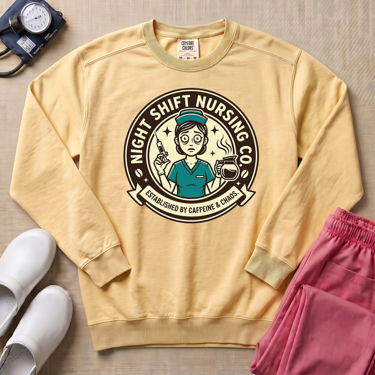 Funny Retro Night Shift Caffeine & Chaos Nurse Sweatshirt - Butter Comfort Colors Sweatshirt | HugTee