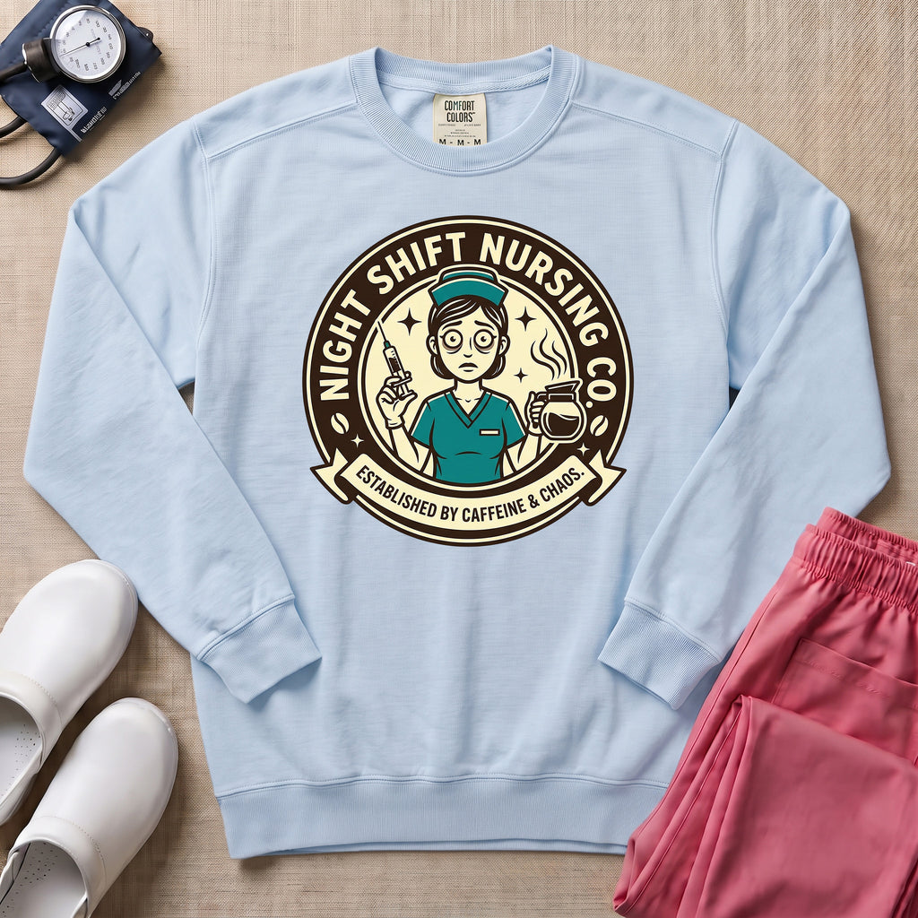 Funny Retro Night Shift Caffeine & Chaos Nurse Sweatshirt - Chambray Comfort Colors Sweatshirt | HugTee