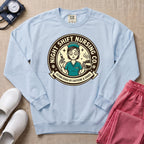 Funny Retro Night Shift Caffeine & Chaos Nurse Sweatshirt - Chambray Comfort Colors Sweatshirt | HugTee
