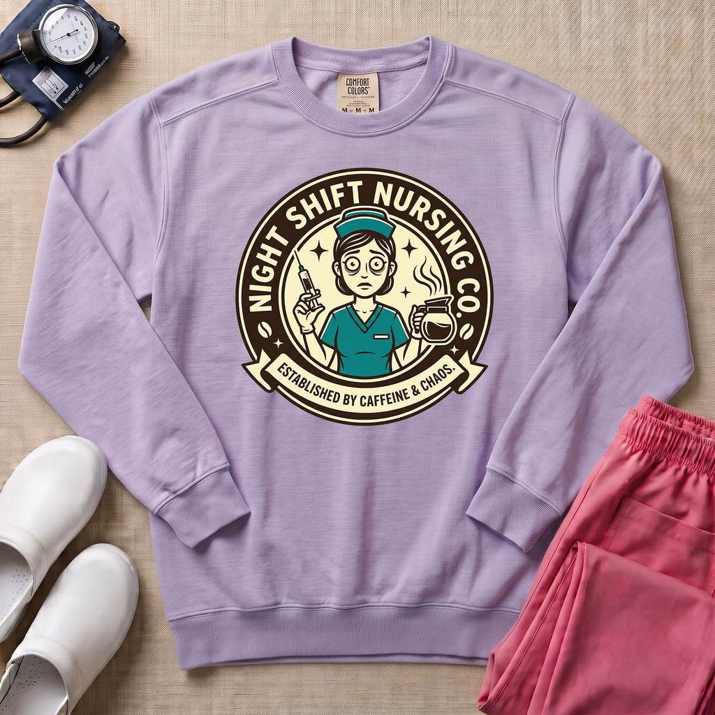 Funny Retro Night Shift Caffeine & Chaos Nurse Sweatshirt - Orchid Comfort Colors Sweatshirt | HugTee