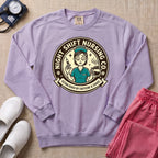 Funny Retro Night Shift Caffeine & Chaos Nurse Sweatshirt - Orchid Comfort Colors Sweatshirt | HugTee