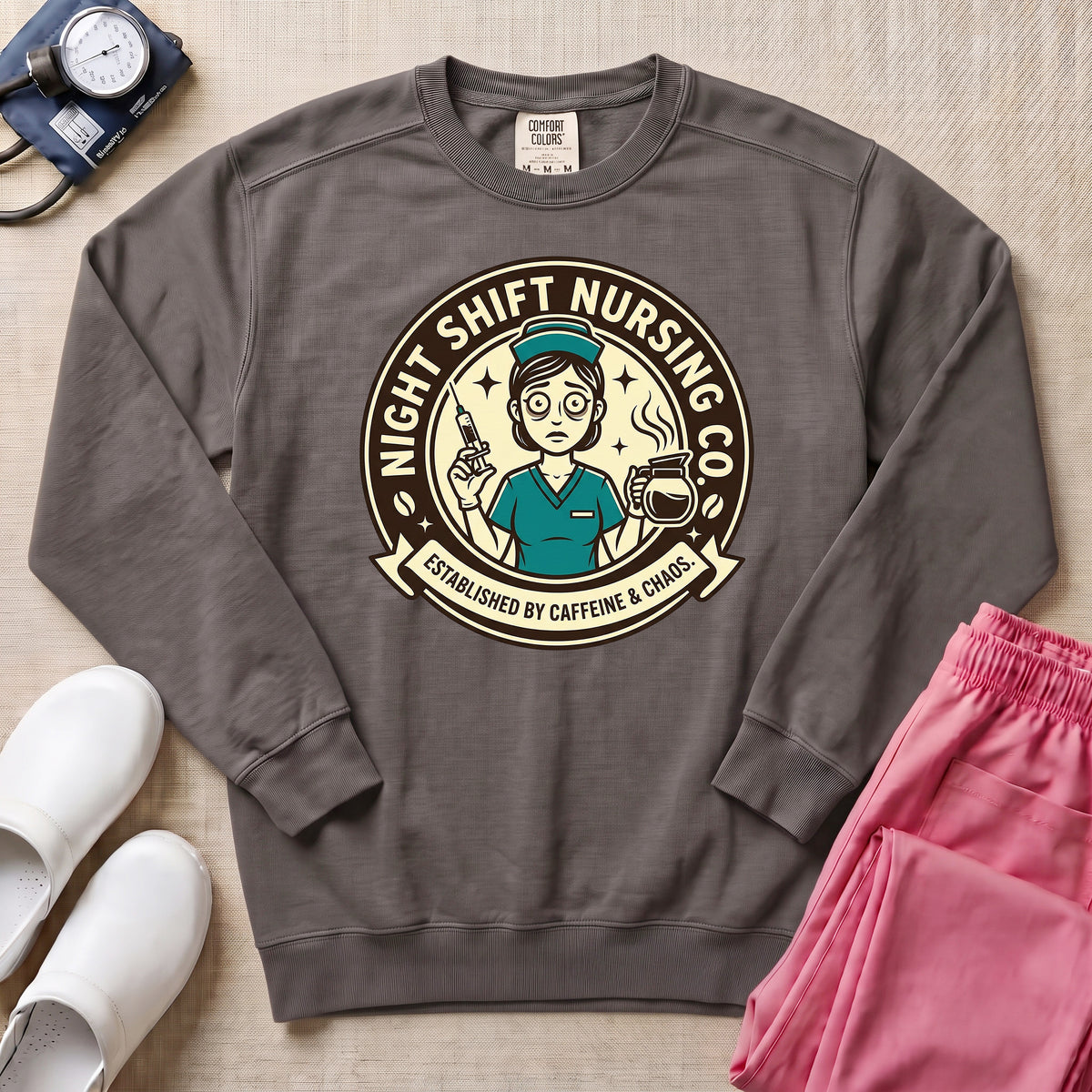 Funny Retro Night Shift Caffeine & Chaos Nurse Sweatshirt - Pepper Lifestyle Hero Mockup | HugTee