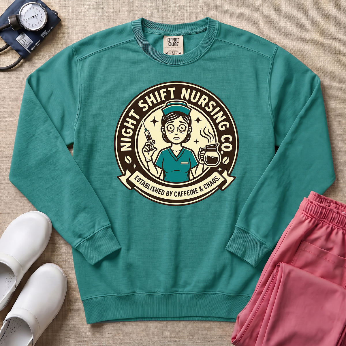 Funny Retro Night Shift Caffeine & Chaos Nurse Sweatshirt - Seafoam Comfort Colors Sweatshirt | HugTee