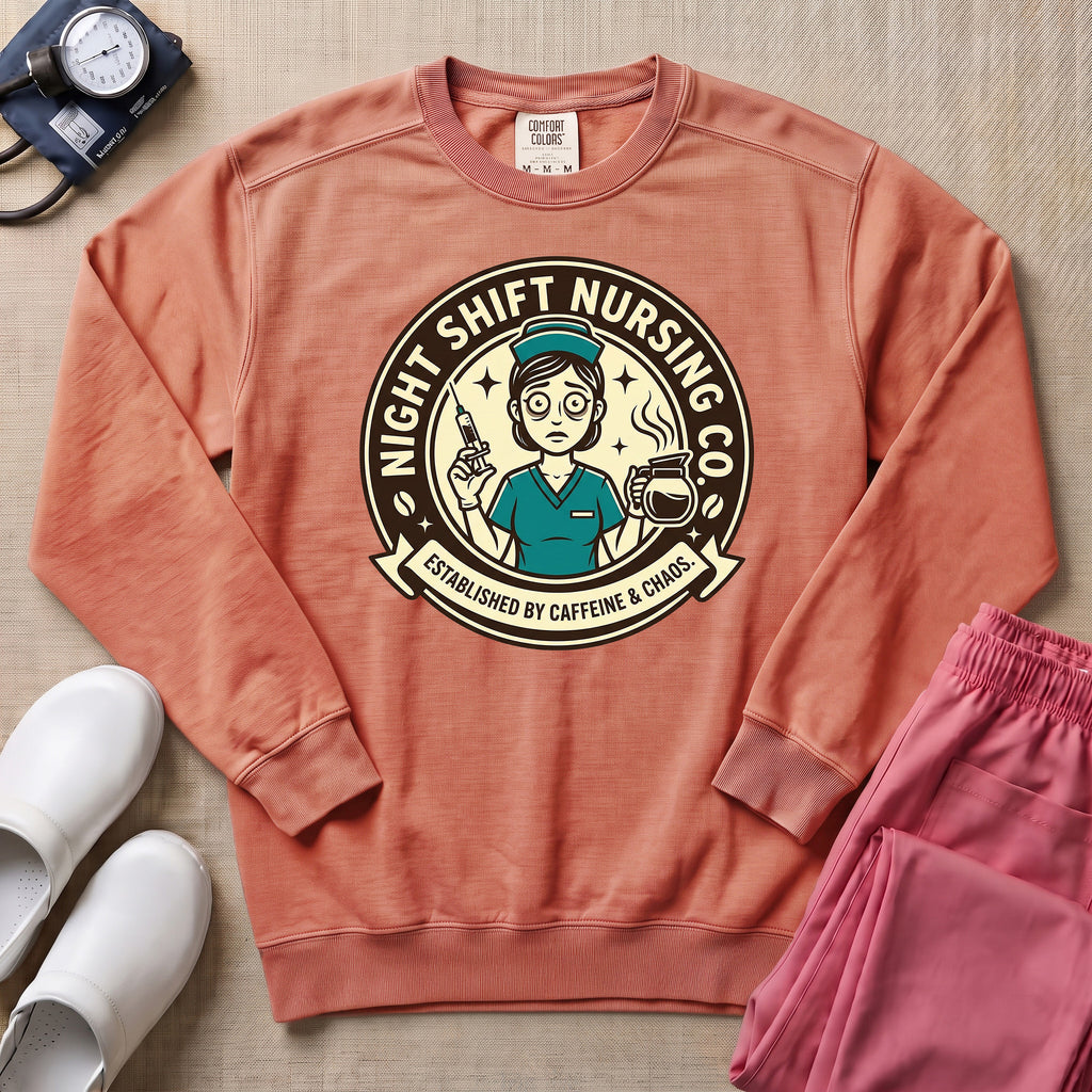 Funny Retro Night Shift Caffeine & Chaos Nurse Sweatshirt - Terracotta Comfort Colors Sweatshirt | HugTee