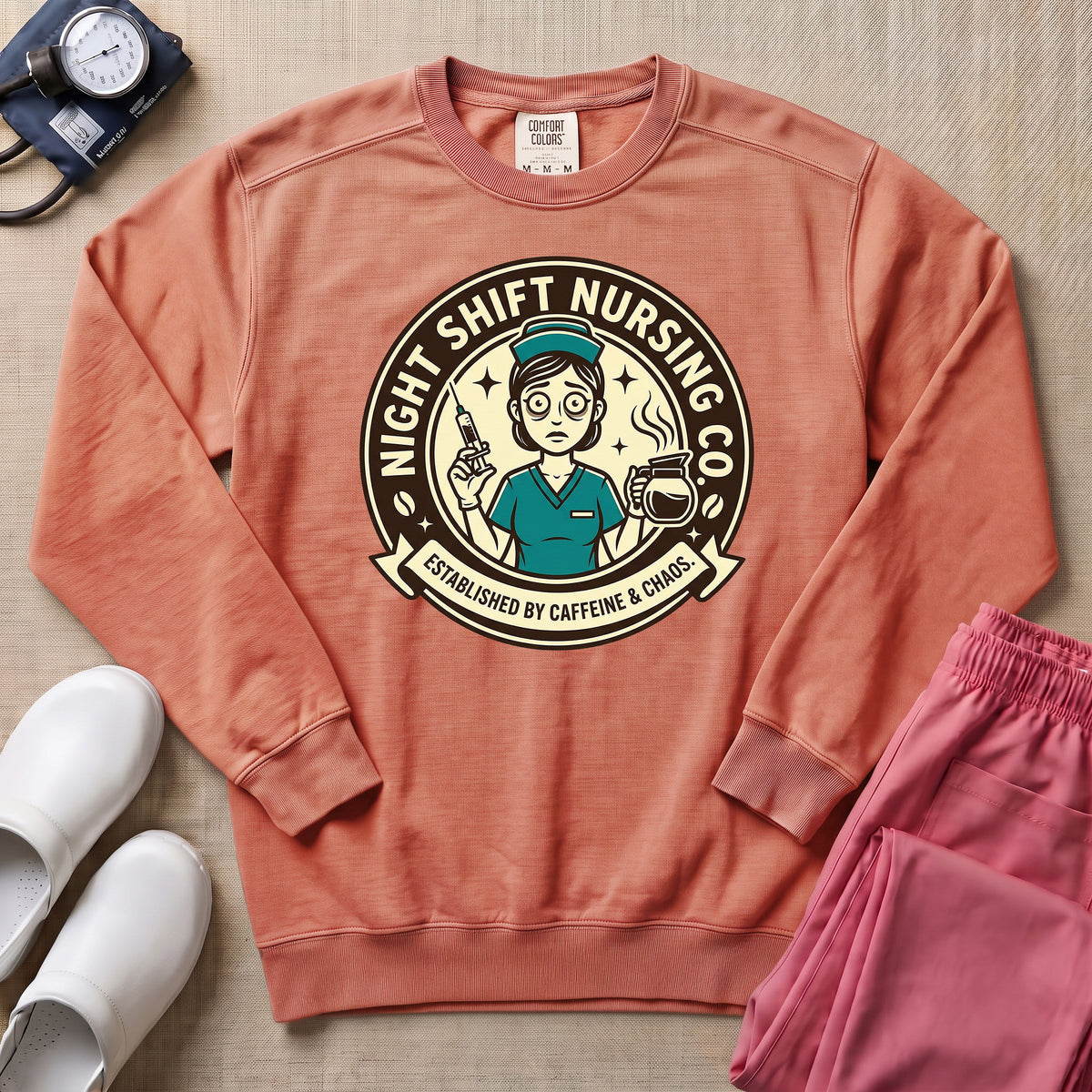 Funny Retro Night Shift Caffeine & Chaos Nurse Sweatshirt - Terracotta Comfort Colors Sweatshirt | HugTee