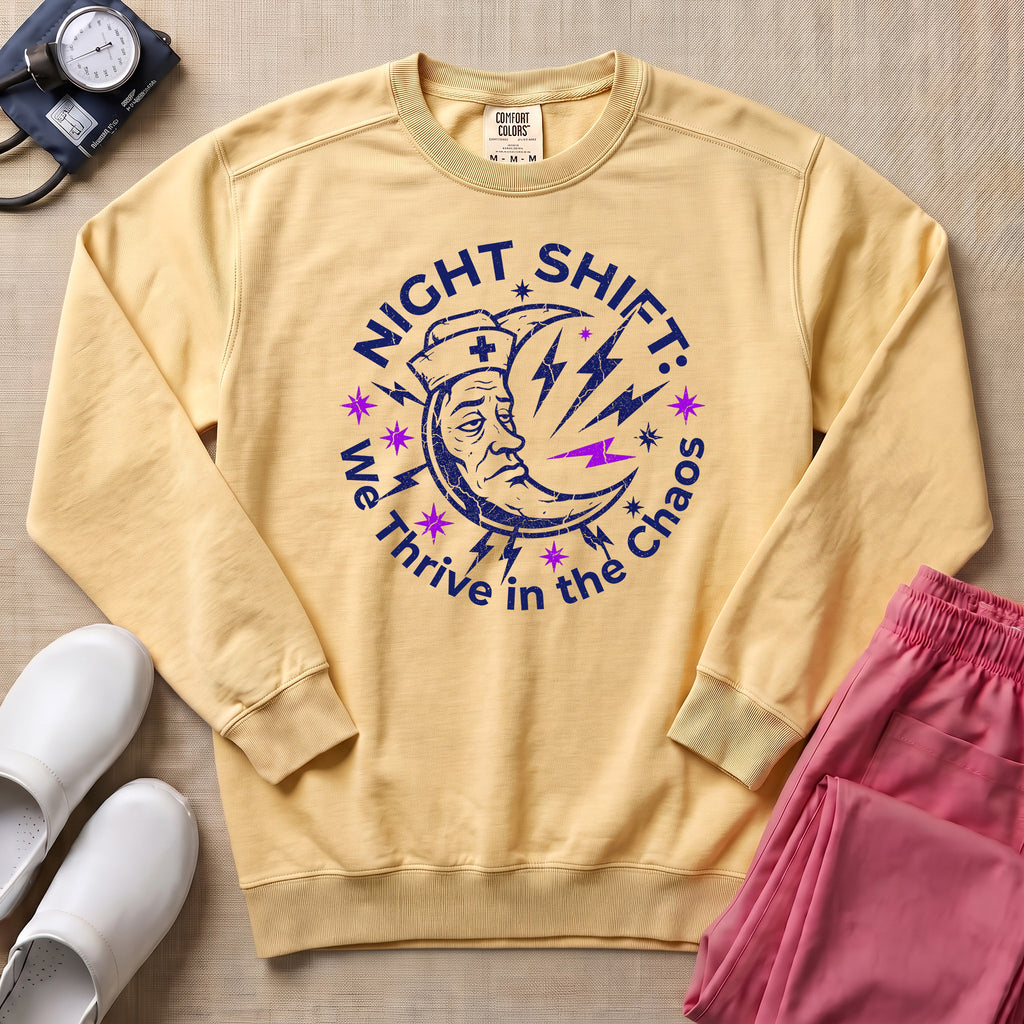 Retro Night Shift Thrive in Chaos Nurse Sweatshirt - Butter Comfort Colors Sweatshirt | HugTee