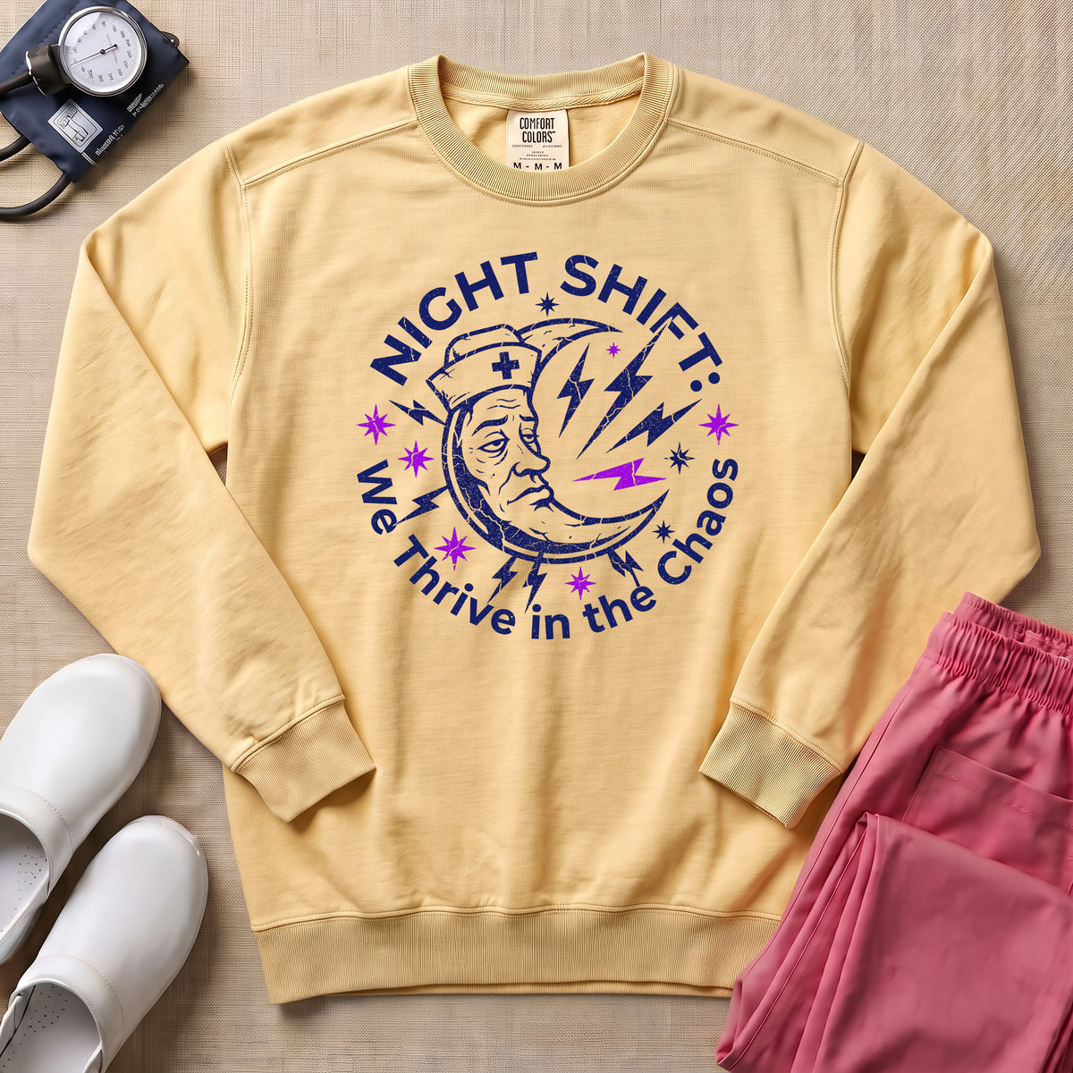 Retro Night Shift Thrive in Chaos Nurse Sweatshirt - Butter Comfort Colors Sweatshirt | HugTee