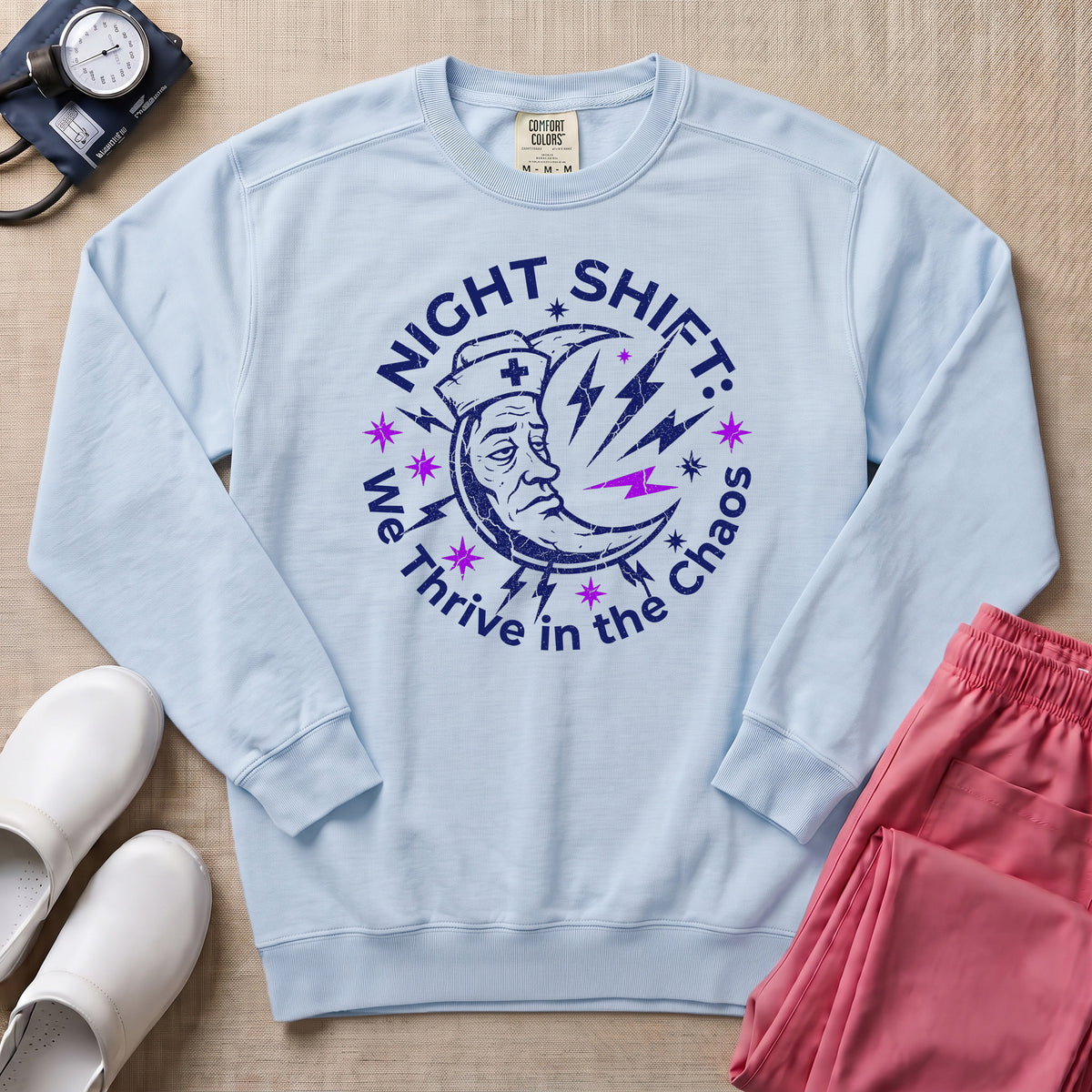 Retro Night Shift Thrive in Chaos Nurse Sweatshirt - Chambray Comfort Colors Sweatshirt | HugTee