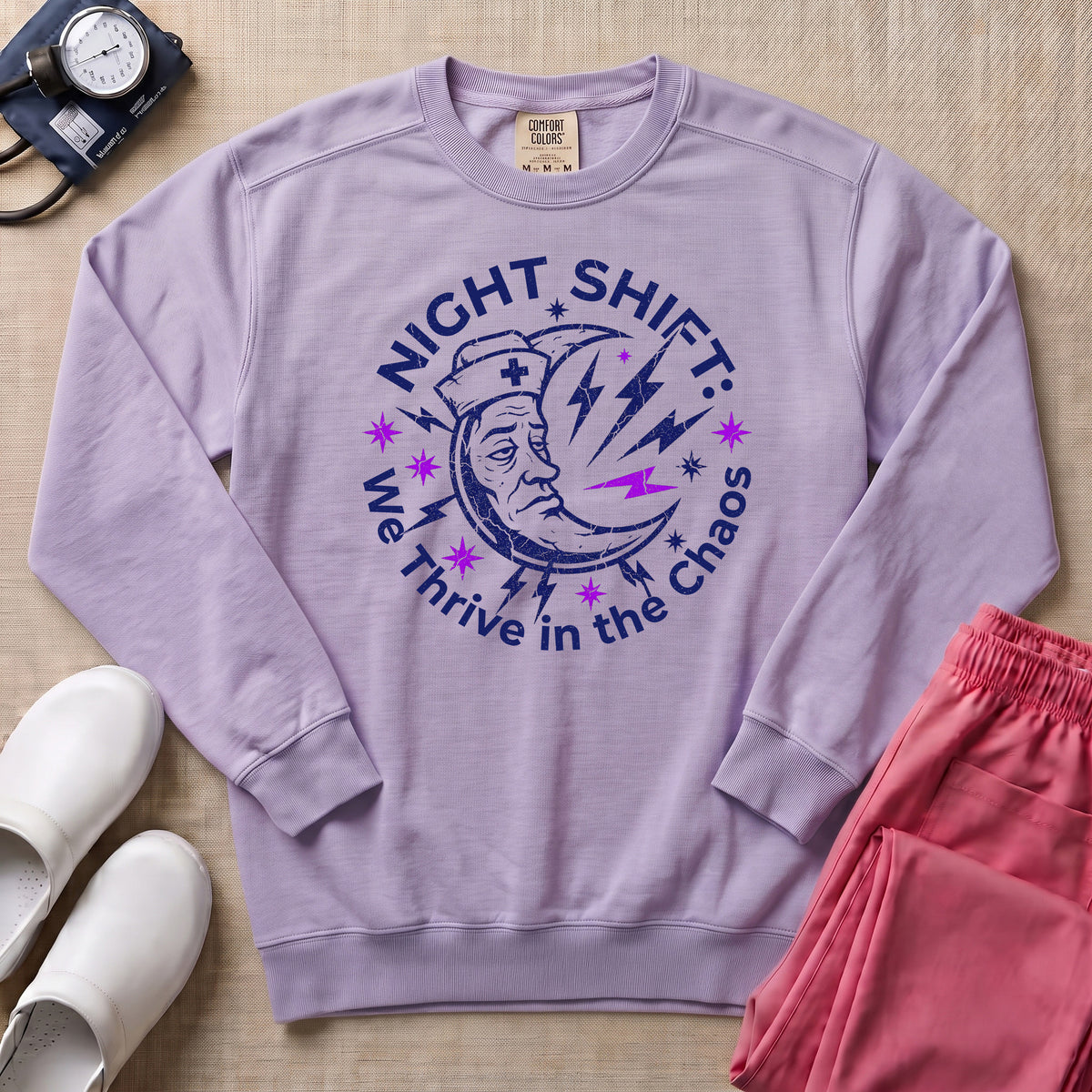 Retro Night Shift Thrive in Chaos Nurse Sweatshirt - Orchid Comfort Colors Sweatshirt | HugTee