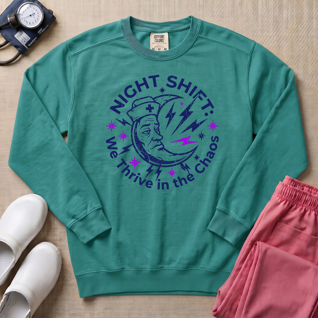 Retro Night Shift Thrive in Chaos Nurse Sweatshirt - Seafoam Comfort Colors Sweatshirt | HugTee