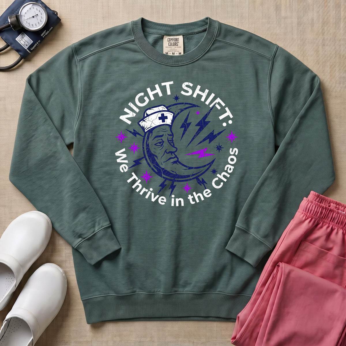 Retro Night Shift Thrive in Chaos Nurse Sweatshirt - Blue Spruce Comfort Colors Sweatshirt | HugTee